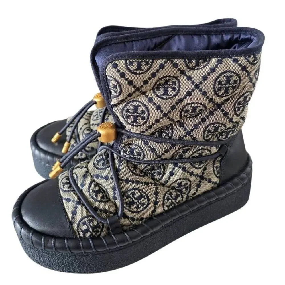 Tory Burch T Monogram‎ Boot 5 Logo Navy Gold Platform Bootie Shearling Footbed